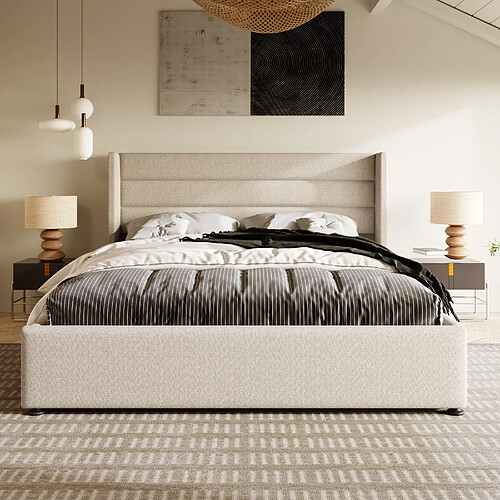 KOMHTOM Lit double 140x200 cm, sommier hydraulique, matelas 620 ressorts inclus, lin, beige