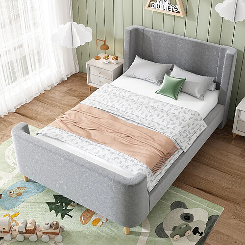 KOMHTOM Lit enfant traîneau 90x200cm velours cosmos, tête rembourrée, coins arrondis gris