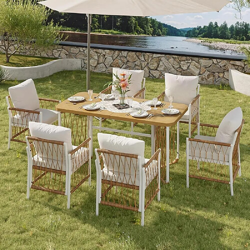 KOMHTOM Ensemble repas jardin 7 pièces, table longue, 6 chaises tressées, fer blanc et bois