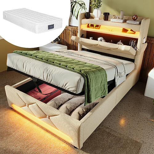 KOMHTOM Lit 90x200 cm avec matelas, tête-lit USB-C, LED 360°, coffre hydraulique, beige