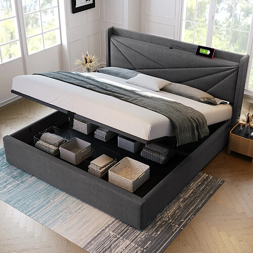 KOMHTOM Lit double 140x200 cm capitonné lin, USB-C, rangement, matelas 620 ressorts, gris