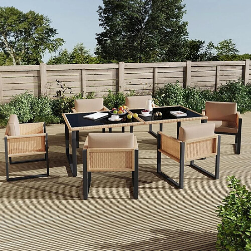 KOMHTOM Ensemble repas jardin 7 pièces rotin PE, 6 fauteuils housses lavables, table verre trempé