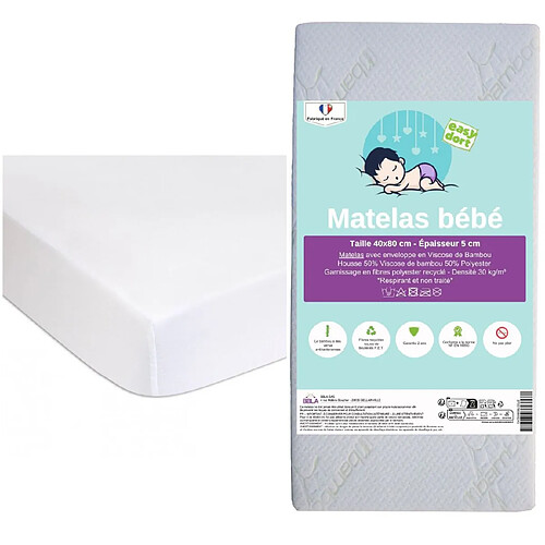 EASY DORT Matelas 40x80 berceau couffin bébé + 2 Alèses Coton Bio