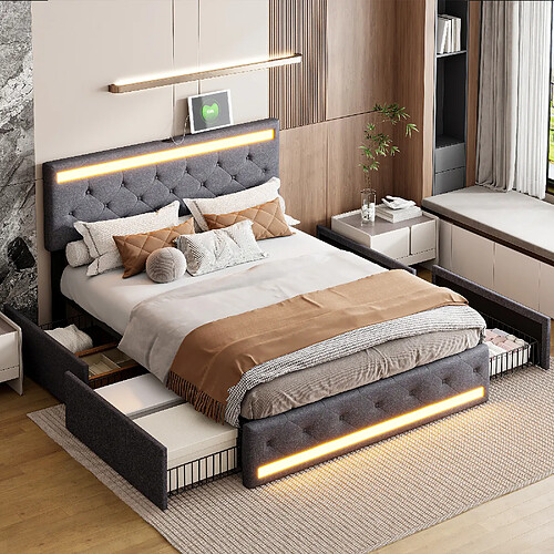Lit rembourré - Superaly - 140x190cm - avec USB et tiroirs - gris foncé