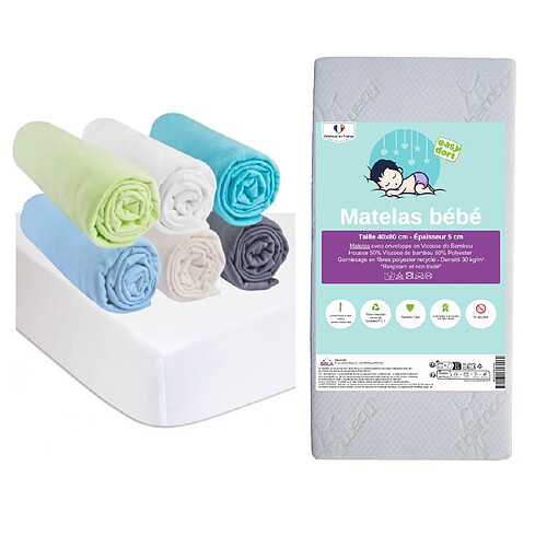 EASY DORT Matelas 40x80 + 6 Draps housse OCÉAN + 2 Alèses Coton