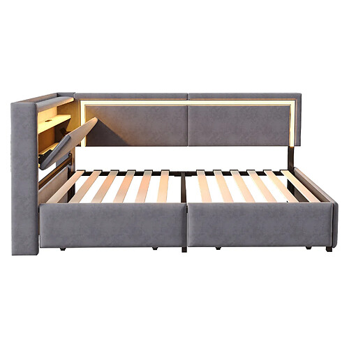 DZMDIP Lit simple 90x200 - Lit coffre à tiroirs, LED, USB, tête de lit rangement, velours gris