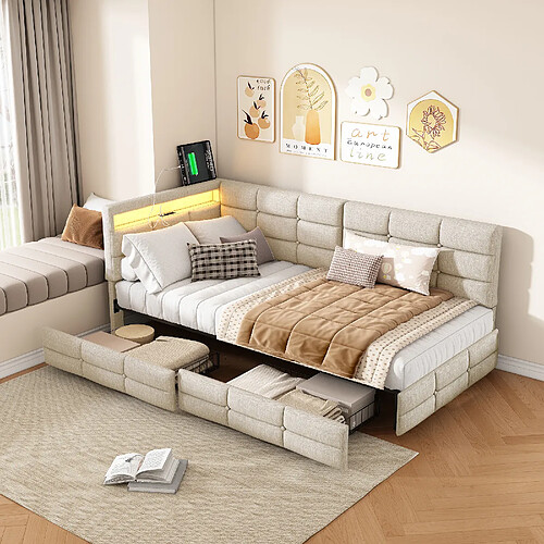 Canapé-lit - Superaly-90×200cm-Avec 2 tiroirs-éclairage LED et port USB-Base à lattes-beige