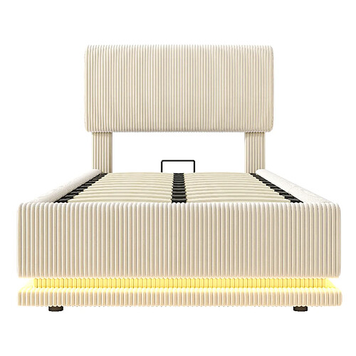 DZMDIP Lit simple 90x200 avec rangement - Tête ajustable, LED, USB-C, rangement sous lit - Beige