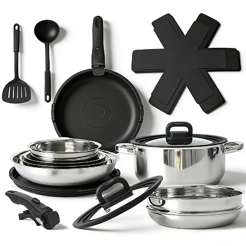 NETTLIFE Batterie de Cuisine 17 Pièces avec Poignée Amovible, Set de Casseroles et Poêles