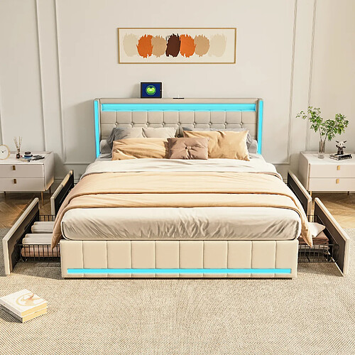 Lit rembourré - Superaly - 140x190cm - avec LED et USB - beige
