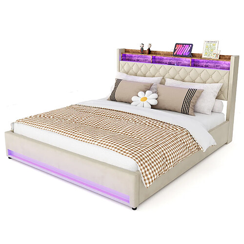 WISHDOR Lit Rembourré 180x200 Cm - LED - USB