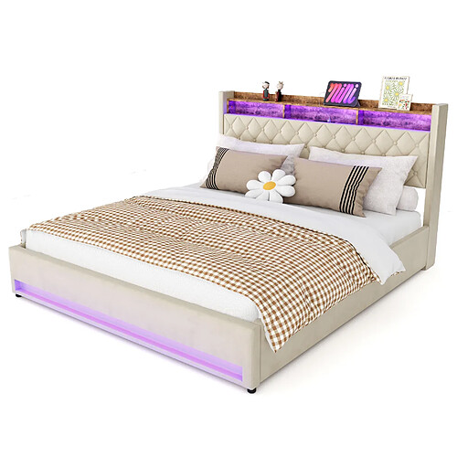 HAUSS SPOLE Lit coffre 180x200 velours beige LED tête étagère sans matelas