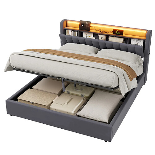 Lit coffre 180x200 LED prises coins arrondis style boxspring gris