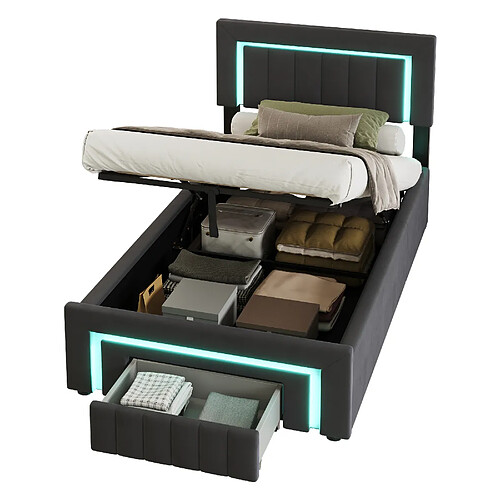 HAUSS SPOLE Lit boxspring 90x190 velours gris LED tiroirs