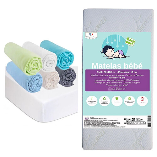 EASY DORT Matelas 50x100 + 6 Draps housse OCÉAN + 2 Alèses Coton