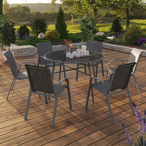 Idmarket Salon de jardin MADRID table ronde 120 CM et 6 chaises empilables gris anthracite