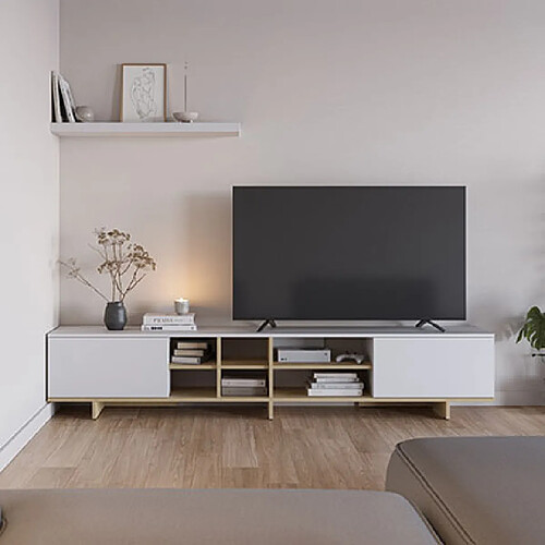 Mes Meuble TV 2 portes 6 niches 230x35x44 cm effet chêne et blanc
