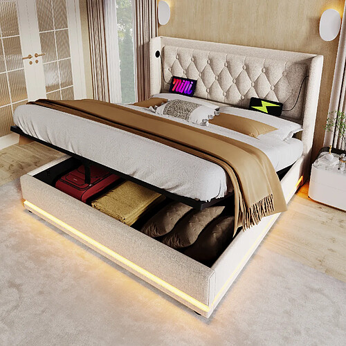 KOMHTOM Lit double hydraulique 140x200, LED 3 côtés, rangement, USB, tête capitonnée beige
