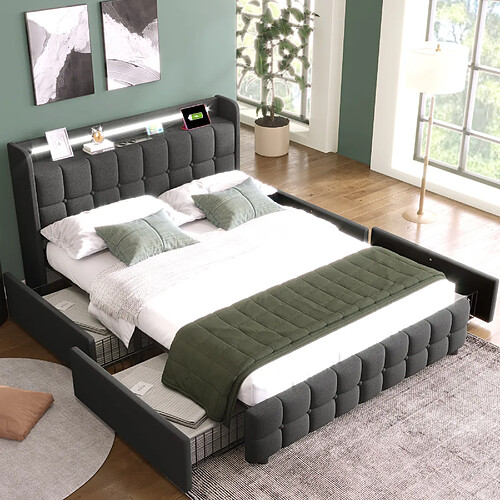 KOMHTOM Lit 160x200 cm, tête de lit LED USB, 4 tiroirs, sommier à lattes inclus, gris