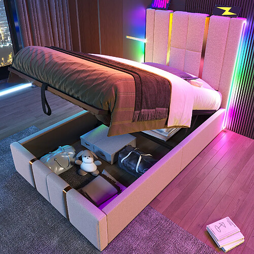 KOMHTOM Lit simple 90x200 cm, LED RGB, USB-C, rangement hydraulique, sommier bois, lin beige