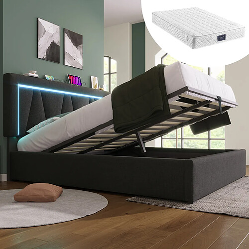 KOMHTOM Lit 140x200 cm, matelas 620 ressorts, tête réglable 20 cm, LED, USB-C, coffre hydraulique