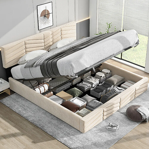 KOMHTOM Lit hydraulique 180x200 cm, tête réglable, sommier lattes inclus, velours beige