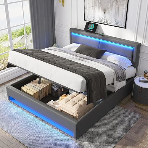 KOMHTOM Lit Double 140x200cm, LED 12 Couleurs, USB Charge, Rangement, Lattes Renforcé, Gris