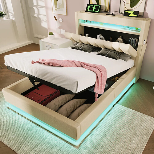 KOMHTOM Lit Capitonné 90x200 cm, LED RGB USB-C, Rangement Hydraulique, Étagère, Lin Beige