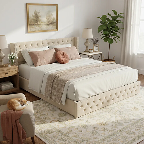KOMHTOM Lit Chesterfield 140x200 cm, tête capitonnée 94,5 cm, rangement hydraulique,velours beige