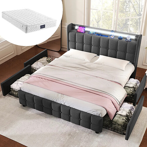 KOMHTOM Lit 160x200 cm avec matelas 720 ressorts, LED, USB, 4 tiroirs, sommier inclus, gris