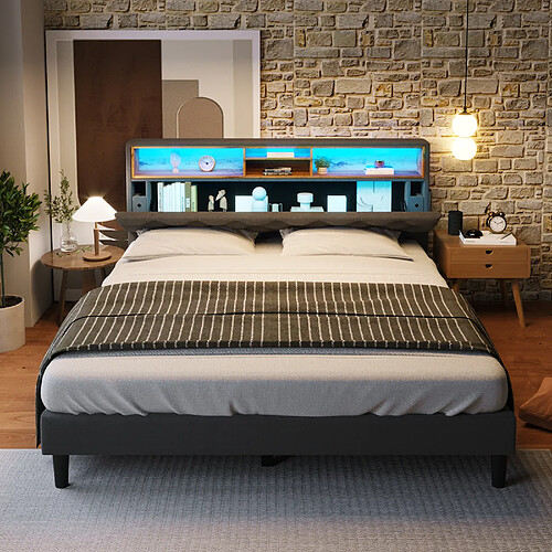 KOMHTOM Lit plateau 140x200 bois massif, tête de lit 4 compartiments, LED changeante, gris