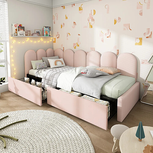 KOMHTOM Lit Rembourré Velours 90x200 cm, Daybed Canapé Lit Modulable, 2 Tiroirs, Rose