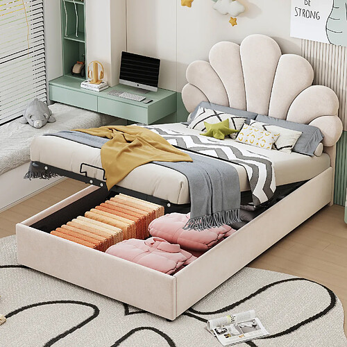 KOMHTOM Lit Enfant 90x200 cm, Tête Imprimé Fleuri Réglable, Rangement Hydraulique, Velours Beige