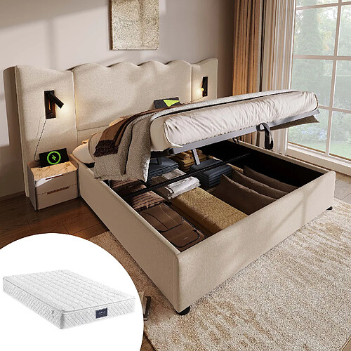 KOMHTOM Lit 160x200 avec matelas 720 ressorts, lampe USB-C, rangement hydraulique, lin beige
