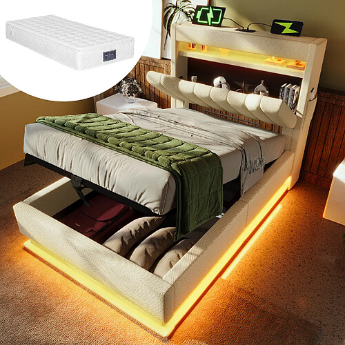 KOMHTOM Lit capitonné 90x200 cm, matelas inclus, LED 60 000 couleurs, rangement hydraulique beige