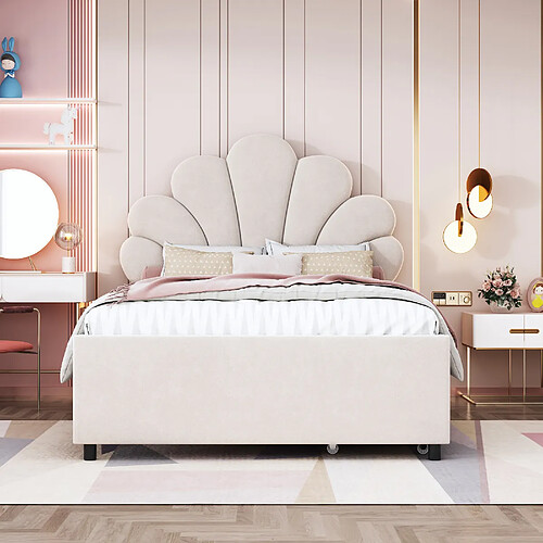 KOMHTOM Lit capitonné 90x200 cm, tête fleurie, 2 tiroirs, MDF métal, 200 kg, velours beige