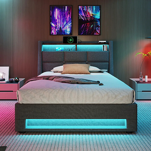 KOMHTOM Lit 90x200 cm tête de lit USB LED, rangement hydraulique, sommier lattes inclus, gris