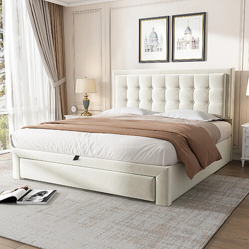 KOMHTOM Lit double 140x200, sommier lattes, rangement hydraulique, 2 tiroirs, tête réglable,beige