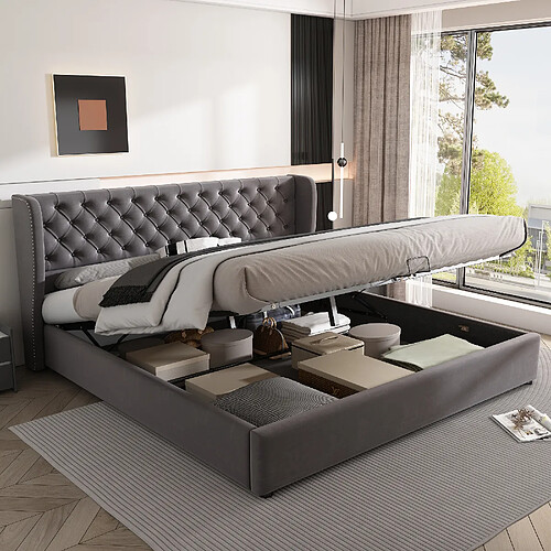 KOMHTOM Lit double Chesterfield 180x200, rangement hydraulique, sommier lattes, velours gris