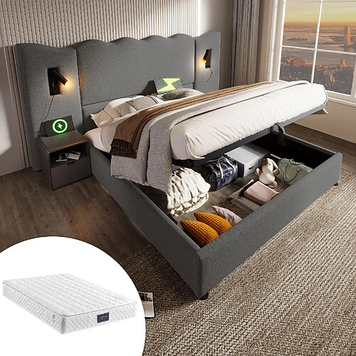 KOMHTOM Lit 160x200 cm, matelas, lampe orientable USB-C, rangement hydraulique, lin gris