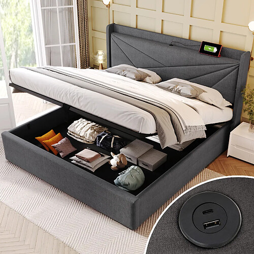 KOMHTOM Lit double 180x200 lin, tête géo, USB-C, rangement, sommier bois, cadre fer, 660 lb