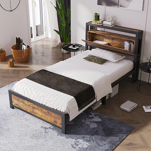 KOMHTOM Lit Métal 90x200 cm Industriel avec Tête Rangement, Lattes Métal, 26cm, 120KG, Noir