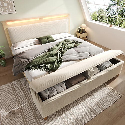 KOMHTOM Lit 140x200 cm avec banc rangement, tête LED 20 couleurs, velours beige, chêne clair