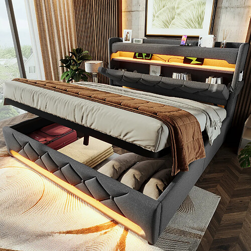 KOMHTOM Lit 140x200 LED 360° App Musical, Tête USB-C, sommier lattes, sans matelas, lin gris