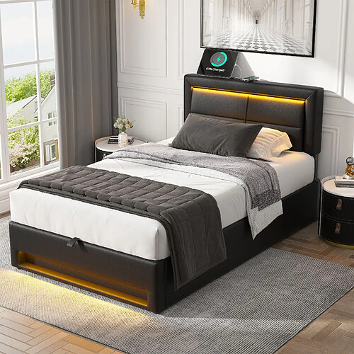 KOMHTOM Lit 90x200 cm, charge sans fil & USB, LED 12 couleurs télécommandée, PU noir