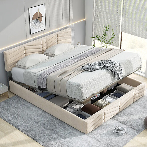 KOMHTOM Lit Rembourré Velours 140x190, Tête Capitonnée Réglable, 9cm Épaisseur Confort, Beige