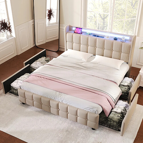 KOMHTOM Lit double 140x200, sommier bois, 4 tiroirs, tête rembourrée, LED, USB, 600 lb, beige
