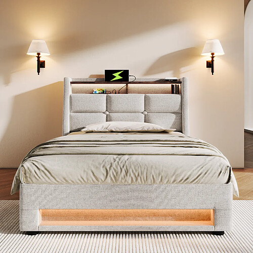 KOMHTOM Lit 90x200 cm, tête de lit USB LED, rangement hydraulique, sommier lattes, beige