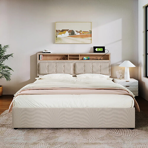 KOMHTOM Lit double 160x200, rangement, prise USB-C, tête réglable, sommier inclus, lin beige