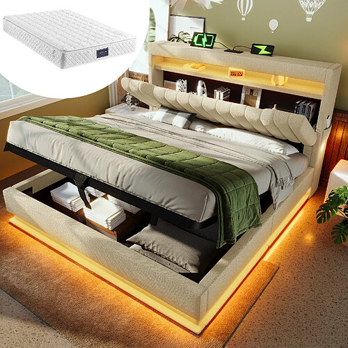 KOMHTOM Lit 140x200 cm avec matelas, LED musicale et App, charge USB-C, coffre, beige